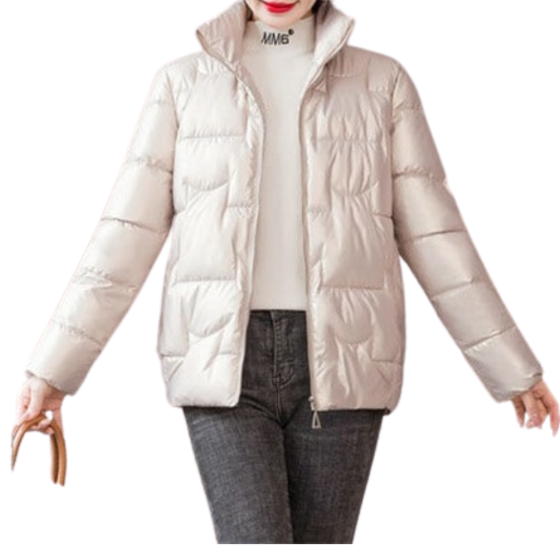 Jaqueta Feminina Puffer Metalizada com Gola