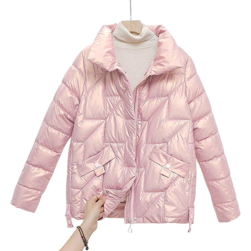 Jaqueta Puffer Feminina Brilhante Com Gola