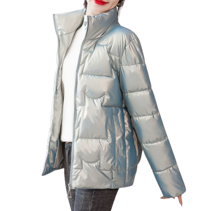 Jaqueta Feminina Puffer Metalizada com Gola