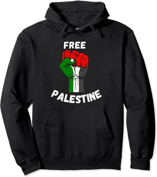 Moletom Palestina Gaza 100% Algodão Unissex Free Palestine Preto Com Capuz