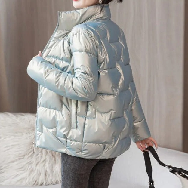 Jaqueta Feminina Puffer Metalizada com Gola