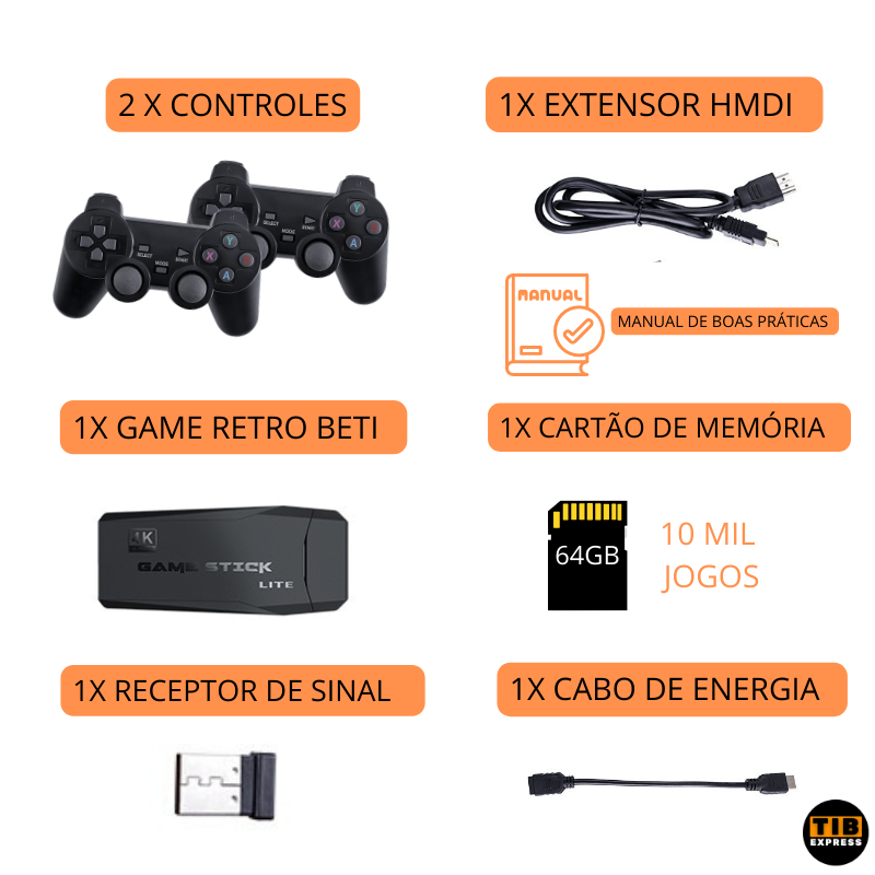 Game Stick Lite 4K + 2 Controles Sem fio e 15 Mil Jogos Retro