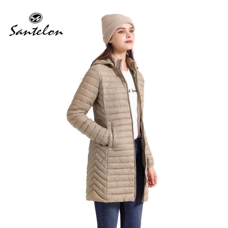 Jaqueta Feminina Puffer Parka Longa Com Capuz Removível